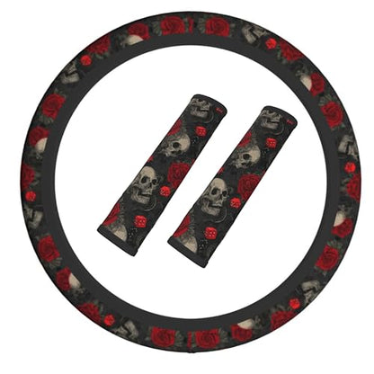 Halloween Skull Steering Wheel Cover Elastic Non-Slip Car Steering Wheel Covers with Seat Belt Shoulder Pad for Women Men - color: Halloween Skull