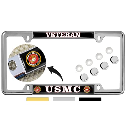[Officially Licensed US Marine Corps Product] - USMC Veteran - Domed Custom-Made Personalized Narrow (Thin) Top 4 Hole Metal Car License Plate Frame with Free caps - Chrome Frame (Qty: 1) - color: Chrome - Style 1