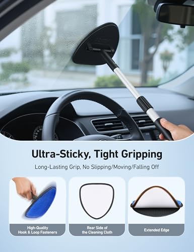 AstroAI Windshield Cleaner Tool, Car Window Cleaner with 4 Upgraded Microfiber Pads, 1 Spray Bottle, 180° Rotatable and Extendable Handle, Effortless Installation - style: with 4 Velcro Pads