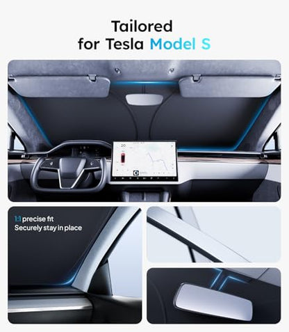 2026 Upgraded Accessories Tesla Model S Windshield Sunshade [Ice Shield Tech Fabric, 100% Sun Blockage], Foldable Heat Insulation Sunshade with Storage Bag, for Tesla Model S 2016~2026, Silver Coating - size: 3.Model S (2016-2026)