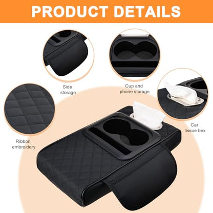 Car Armrest Cushion,Multifunctional Center Console Cover with 2 Storage Bags Cup Holder,Tissue Box Slot & Phone Storage,Car Storage Organizer Interior Accessories,Black