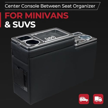Center Console Between Seat Organizer for Minivans & SUVs - with Wireless Charging Pad, Blue LED Ambient Light, Phone Holder & Cup Holders, Middle Van Floor Console Storage Box (Black)