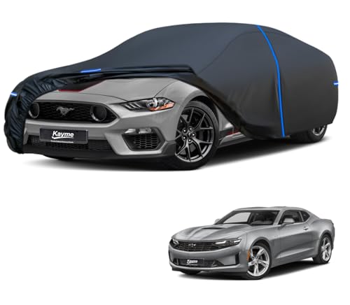 Kayme Car Cover Custom Fit for Ford Mustang, Chevy Chevrolet Camaro, Windproof Upgraded & 100% Waterproof. All-Weather Full Exterior Cover Rain Sun Snow Protector with Door Zipper and Towel. - size: Fit for Ford Mustang GT,Chevrolet Chevy Camaro