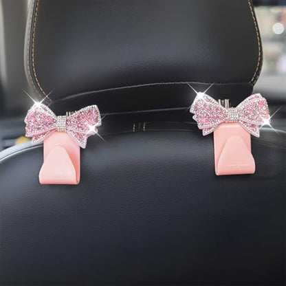 Zpana Bling Car Headreat Hook, 2PCS Crystal Rhinestone Cute Bow Vehicle Seat Back Hanger Storage for Purses Bags Grocery, Diamond Auto Rear Seat Organizer, Universal for SUV Truck Sedan (Pink) - style: Pink/4PCS