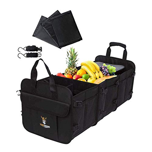 Tuff Viking Convertible Large 3 Compartment SUV Trunk Organizer with Cover | Truck Bed Organizer | for Trucks, Cars, SUVs and Groceries with Tie Down Straps. (5 in 1, Black) - color: Black, size: 5-in-1