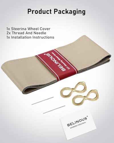 BELINOUS Leather Steering Wheel Cover Lace Up, Stitch on Steering Wheel Wrap, Universal Fit 13-20 Inch Car Truck Pickup Boat, A Whole Piece of Cowhide, DIY w/Needle Thread (Size L0, Light Beige) - color: Light Beige, size: L0