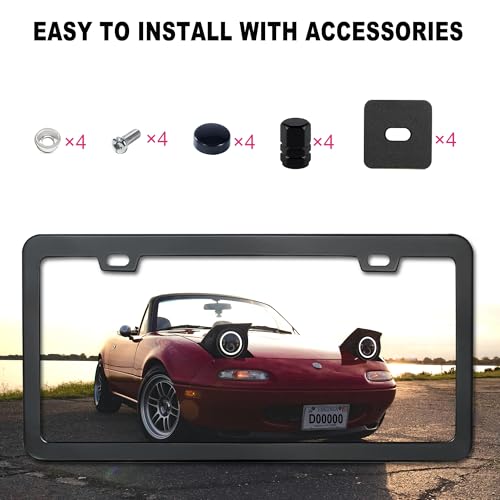 Black License Plate Frame, Premium Matte Aluminum Alloy Holder with 2 Holes, 2 Pack Waterproof Rust-Proof Universal Car Frame, Including Screws, Caps and Rattle Proof Pads - color: Black