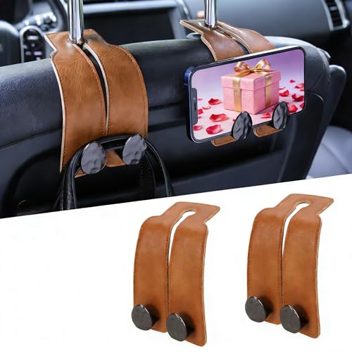 2PCS Leather Car Seat Hooks for Headrest, Vehicle Hanger Storage Organizer Universal for Handbag Purse, Car Accessories Gift (Brown-Black) - color: Brown-Black