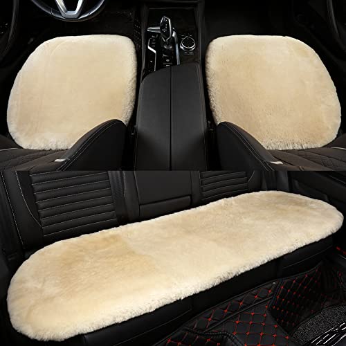 LLB Genuine Sheepskin Car Seat Cushion Seat Covers for Cars Trucks SUV Comfort Seat Protector Pad for Car Driver Seat Car Accessories (Pearl, 2 Front Seat Cushions & Bench Seat Cushion-3 Pcs) - color: Pearl, size: 2 Front Seat Cushions & Bench Seat Cushio