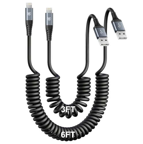 iPhone Charger Cable for Car [3FT+6FT], Coiled Lightning Cable [Apple MFi Certified] 2 Pack Lightning Cord Compatible with iPhone14 13/12/11 Pro Max/XS MAX/XR/XS/X/8/7/Plus/6S iPad/iPod-Black - color: Black, size: 3FT+6FT, style: USB A to Lightning