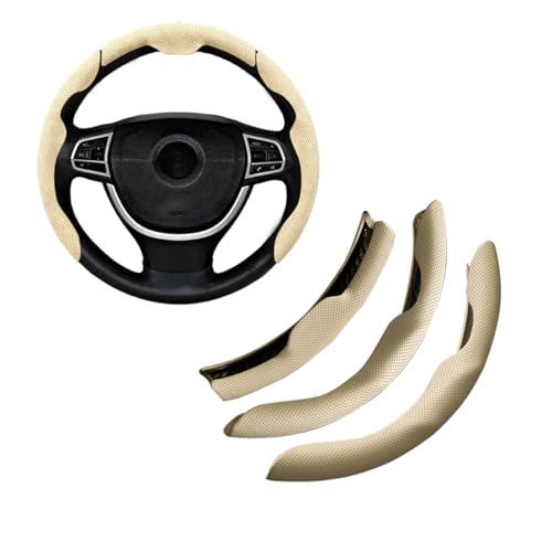 Car Steering Wheel Cover, Nappa Leather 15 Inch Snap-On 3PCS Set Vehicle Steer Wheel Wrap Protector, Non-Slip Automotive Interior Protection Accessories, Universal Fit (Beige) - color: Beige