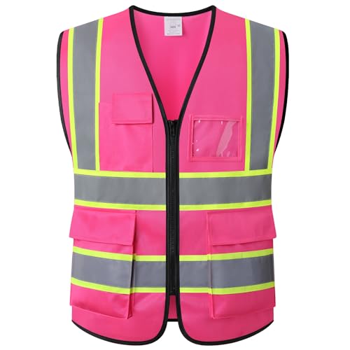 Pink Safety Vest for Men Women Reflective with 5 Pockets High Visibility Construction Work Vest with Zipper Front,Meets ANSI/ISEA Standards(EK175-Pink-S) - color: Hot Pink-ek175, size: Small