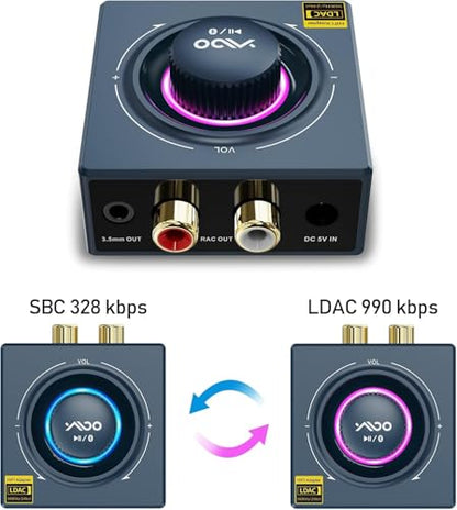 YMOO B06T3+ LDAC Bluetooth Receiver for Home Stereo Music Streaming with Knob Control, HiFi Wireless Audio Adapter w/aptX HD Low Latency, RCA 3.5mm Jack Aux Bluetooth Audio Receiver - color: blue