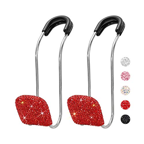 SAVORI Car Headrest Hooks Bling Car Accessories Rhinestones Universal Auto Back Seat Headrest Metal Hanger Organizer Vehicle Holder for Bag Purse Clothes Grocery 2PCS (Red) - color: Red