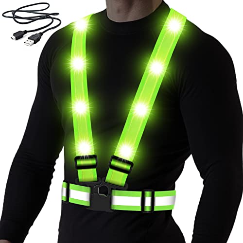 LED Reflective Vest, USB Rechargeable Reflective Running Gear with Safety Lights and Adjustable Size Elastic Band Night Vest Gear Accessories for Men Women Kids - color: Green Light