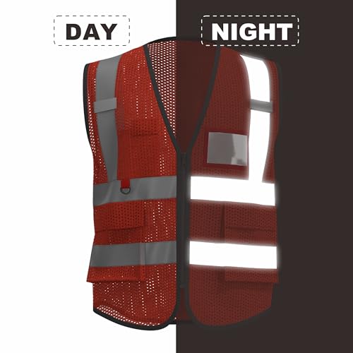 caparazon Unisex High-Visibility Reflective Safety Vest with Zippered Pockets - ANSI/ISEA Certified for Enhanced Work Safety - color: Red Mesh