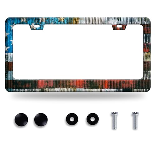 Vintage American Flag License Plate Frame USA Flag License Plate Holder America Funny Auto Accessory Stainless Steel Patriotic License Plate Decoration for Men Women 12.3 x 6.3 Inch - color: Vintage American Flag 01