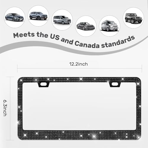 2 Pack License Plate Frames for Women, Sparkly Rhinestone Diamond Car Accessories with Glitter Crystal Caps (Black (2PCS)) - color: Black (2PCS)