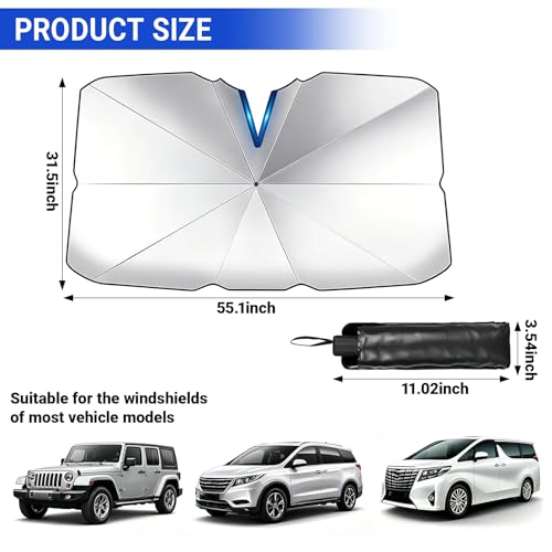 Windshield Sun Shade Umbrella, Foldable Car Sunshade, Ice Crystal Cooling Coating Car Sunshade & Heat Shield, UPF 50+ UV Protection, Spring-Enhanced Frame for Most Sedans SUVs (55"x31")