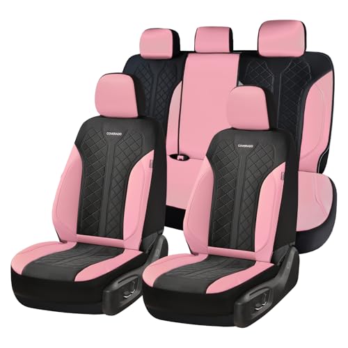 Coverado Automotive Seat Covers Full Set, Luxury Car Seat Covers, Leather Seat Covers, Mesh Design, Pink Driver Seat Protectors, Universal Fit for SUVs, Trucks, Sedans - color: A-Pink&Black, size: FullSet
