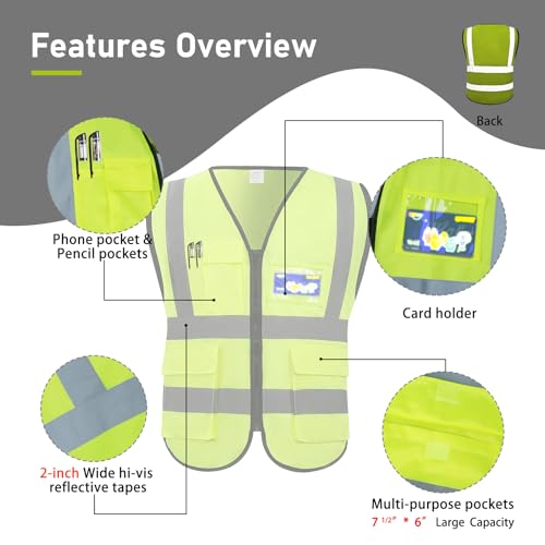 High Visibility Vest Safety Vest with Pockets and Zipper Meets ANSI/ISEA Standard(1 Pack 5 Pack) - color: Yellow-green, size: 3X-Large