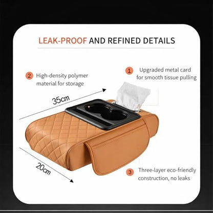Multifunctional PU Leather Car Armrest Box Mat, 5-in-1 Center Console Cushion Cover with Storage Box, Cup & Phone Slot & Tissue Holder, Universal Waterproof Interior Organizer (Gray) - color: Gray
