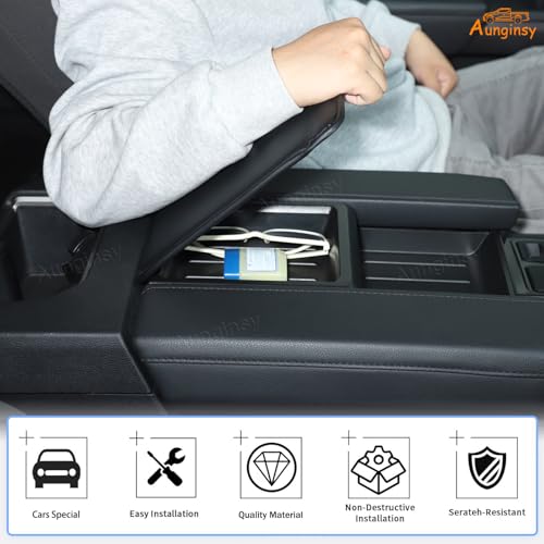 Aunginsy Armrest Hidden Storage Box Cover Lid Compatible with Toyota Tundra 2022 2023 2024 2025 2026, Car Center Console Organizer Tray Armrest Privacy Box Slot Cover Insert PU Leather Accessories - color: Black