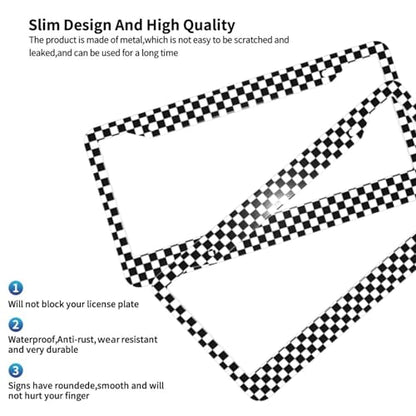 Checkerboard License Plate Frame Black White Checkerboard Steering Wheel Cover Cars Decor Aluminum Checkerboards Plate Frame with Fits Standard Us Ca Vehicles - color: Checkerboard