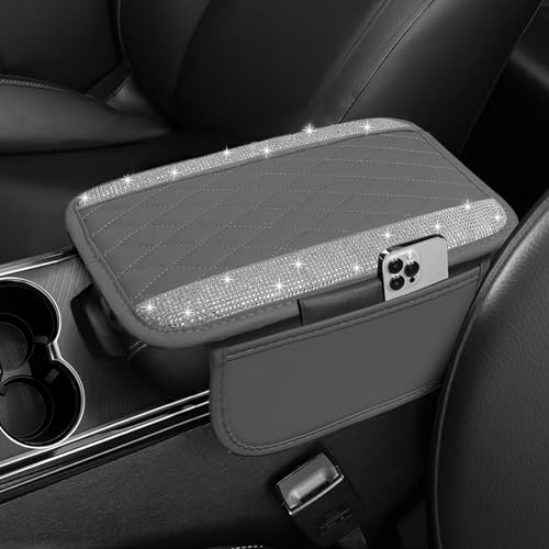 NBTEPEM Bling Gray Car Center Console Cover, Leather Car Arm Rest Cover with 2 Storage Bags, Universal Auto Armrest Protector Storage Box, Bling Accessories Interior for Most Vehicles - color: Gray Leather Diamond
