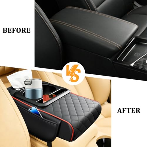 Car Center Console Armrest Box Mat, Nappa Leather Armrest Box Cover with Tissue Box, Cup Holder & Phone Holder, Middle Console Arm Rest Protection Pillow, Universal Fit (Black/Red) - color: Black/Red