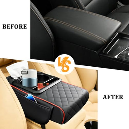 Car Center Console Armrest Box Mat, Nappa Leather Armrest Box Cover with Tissue Box, Cup Holder & Phone Holder, Middle Console Arm Rest Protection Pillow, Universal Fit (Black/Red) - color: Black/Red