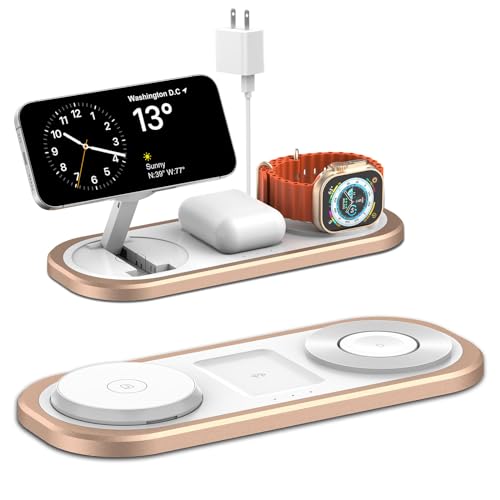3 in 1 Fast Wireless Charger Stand for iPhone, Foldable Travel Charging Station for Magsafe for iPhone 17/Air/16/15/14/13/12 Series, Apple Watch Series, AirPods pro/2/3/4, Gifts for Women Men (Golden) - color: Golden