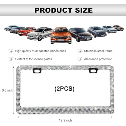 DXNQ 2PCS Bling License Plate Frame, Sparkly Rhinestone Diamond License Plate Cover with Crystal Screws Caps, Glitter Crystal Stainless Steel License Plate Holder for Women (AB) - color: AB, 2PCS