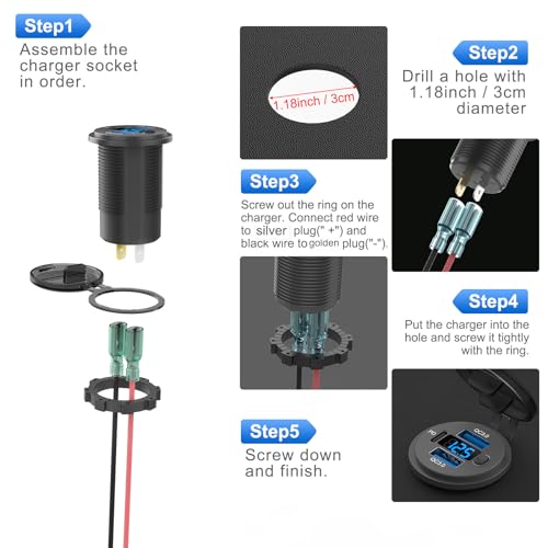 Hapytrip 2 Pack 12 Volt USB Outlet Dual Quick Charge 3.0 Port and PD3.0 USB C Car Battery Chargers Socket, Waterproof 12V Power Outlet Cigarette Lighter Replacement DIY Kit with Voltmeter and Switch - color: pack of two