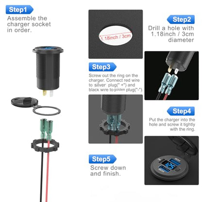 Hapytrip 2 Pack 12 Volt USB Outlet Dual Quick Charge 3.0 Port and PD3.0 USB C Car Battery Chargers Socket, Waterproof 12V Power Outlet Cigarette Lighter Replacement DIY Kit with Voltmeter and Switch - color: pack of two