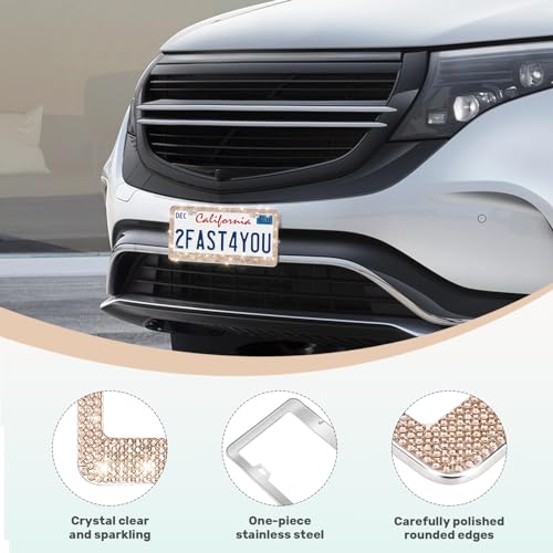QUANQIUFEI 2 Pack Bling License Plate Frames, Sparkly Rhinestone Diamond Car License Plate Cover for Women, Stainless Steel Car Accessories with Glitter Crystal Caps (Light Peach) - color: Light Peach