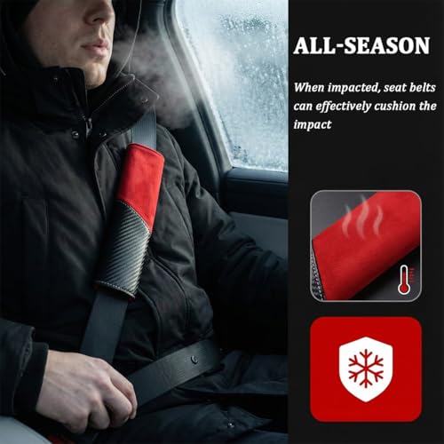 2PCS Car Seat Belt Cover, Soft Carbon Fiber Suede Breathable Vehicle Seat Strap Shoulder Cushion, Comfortable Automotive Interior Seatbelt Mat Pad, Universal for SUV Van RV (Black/Red) - color: Black/Red