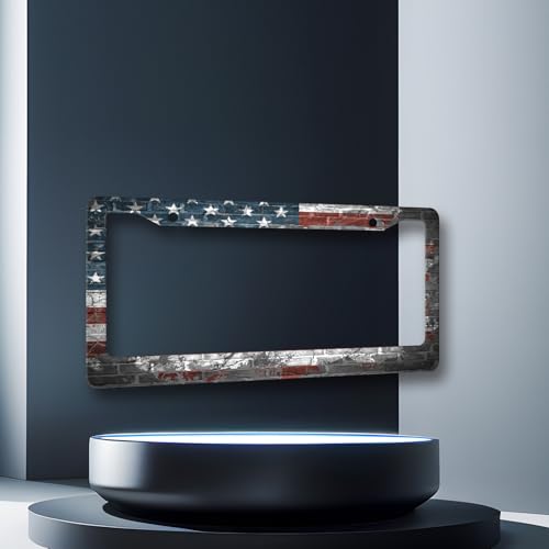 Retro American Flag License Plate Frame Patriotic Flag License Plate Holders American Funny Stainless Steel Car Bracket 2 Hole with Screws Universal Auto Accessory License Plate Frames 6.2x12.2 Inch - color: Funny American flag Retro Flag