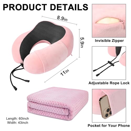 urnexttour Travel Pillow and Blanket Set Neck Pillows Soft Blankets with Sleep Mask Travel Essentials for Airplane Car Memory Foam Pink - color: B-pink