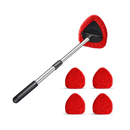 Windshield Cleaning Tool, Car Window Cleaner with 4 Washable Reusable Microfiber Pads, Extendable Long Handle Glass Wiper Cleaning Kit, Auto Accessories Universal for Office and Home (Red) - color: Red