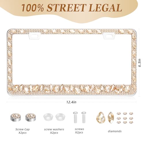 OKLPF Single Luxury Rhinestone License Plate Frame – Elegant Champagne Bling with Glitter Crystals, Anti-Theft Screws & Gift Box, Fits Standard US Plates(Champagne) - color: Champagne, size: 1pc
