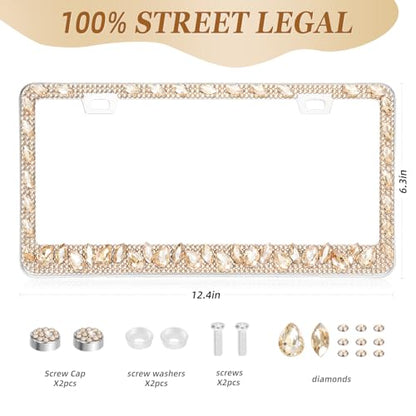 OKLPF Single Luxury Rhinestone License Plate Frame – Elegant Champagne Bling with Glitter Crystals, Anti-Theft Screws & Gift Box, Fits Standard US Plates(Champagne) - color: Champagne, size: 1pc