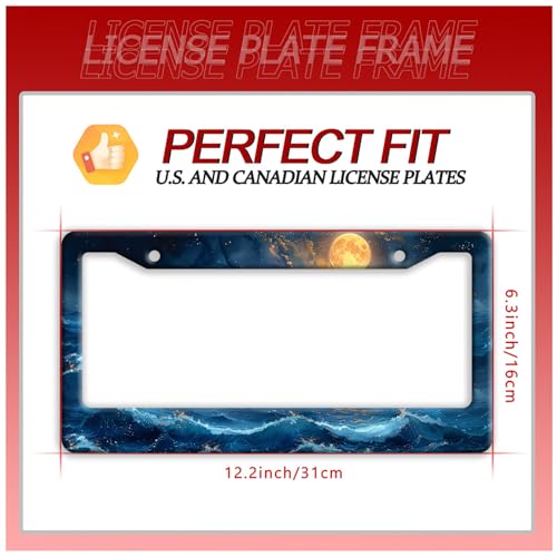 Blue Ocean Wave License Plate Frame Moon License Plate Stainless Steel Funny Auto Accessory Bracket 6.3 x12.3 Inch with Screws - color: Ocean Wave Moon