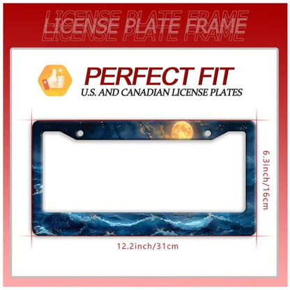 Blue Ocean Wave License Plate Frame Moon License Plate Stainless Steel Funny Auto Accessory Bracket 6.3 x12.3 Inch with Screws - color: Ocean Wave Moon