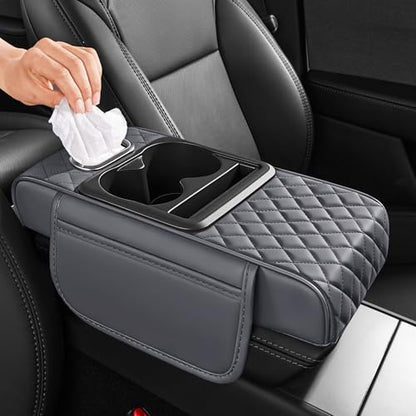 5 in 1 Car Center Console Cover, Armrest Pad with 2 Storage Pockets, Cup Holder, Tissue Box Slot, Phone Holder, Universal Car Interior Organizer (Gray) - color: Gray