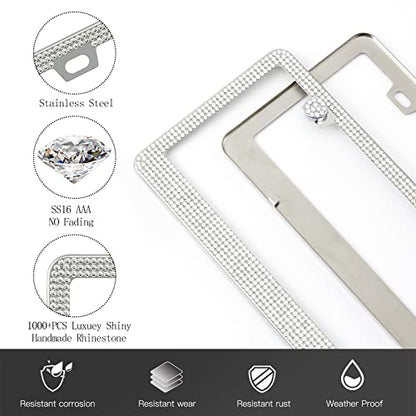 FIISFIIS Bling License Plate Frame for Women,2 Pack Premium Stainless Steel Rhinestone Car License Plate Holder,Handmade Glitter Crystal Diamond Girl Lincense Plate Cover ,Bedazzled Sparkly Caps-White - color: White