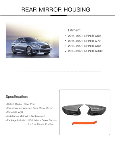 Horn Style Carbon Fiber Door Mirror Cover Cap Compatible with 2014-2020 Infiniti Q50 Q60 Q70 QX30 - size: Carbon Fiber