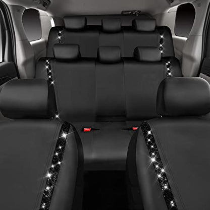CAR PASS Bling Diamond Car Seat Covers,Shining Rhinestones Waterproof Faux Leather, 8 Seats 3 Rows with Zipper Glitter Crystal Sparkle Strips Universal Fit 95% MPV,SUV,CAR for Women Girl, Black - color: Solid Black Seats Eight, size: Full Set