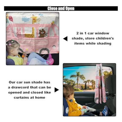 Car Window Shade for Baby, Blackout Car Window Curtain with Storage Pockets & 7 Suction Cups, Cartoon Pattern Cars Side Window Sun Shade Cover for Sun/Heat/UV Rays Protection (Pink-Giraffe) - color: Pink-Giraffe