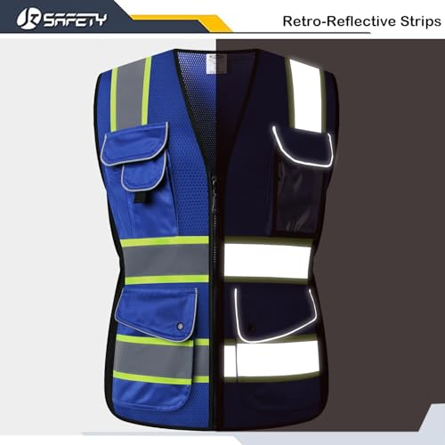 JKSafety Women Hi-Vis Reflective Safety Vest | Neon Color body Sewed Reflective Strips Breathable Lightweight ANSI Compliant - color: V168-blue, size: Small